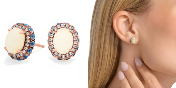 Oval Opal Earrings with Blue Topaz and White Sapphire Halo in 14k Rose Gold