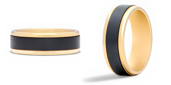 Black Titanium Satin Center Men's Wedding Band In 14k Yellow Gold (7.00mm)
