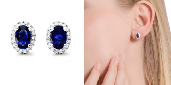 Oval Cut Sapphire And Diamond Halo Earrings In 18k White Gold
