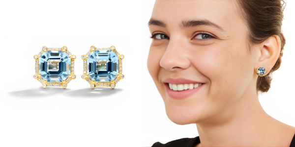 Octagon Sky Blue Topaz And Diamond Frame Earrings In 18k Yellow Gold