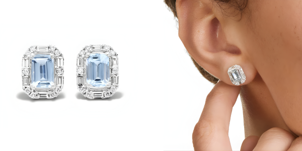 Allure Aquamarine And Diamond Halo Earrings In 14k White Gold