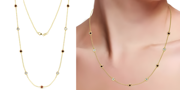 Red Garnet & Natural Diamond By Yard 9 Station Necklace In 14k Yellow Gold