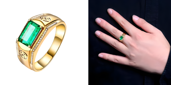 18k Yellow Gold Wedding Band Men, Wide Rings For Men Green Emerald