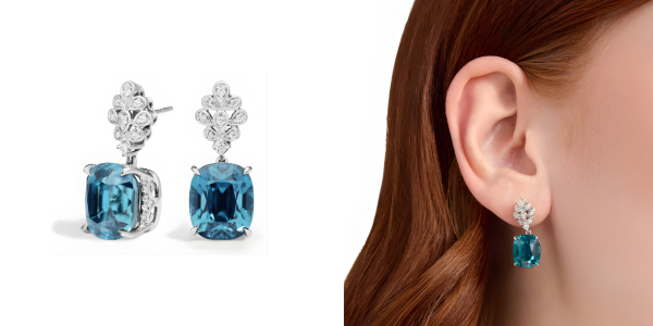 Blue Zircon And Diamond Drop Earrings In 18k White Gold
