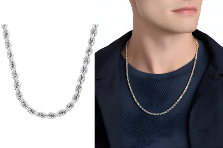 24 Inches Mens Diamond Cut Rope Necklace In 14k White Gold 4.25 Mm