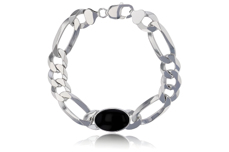 Sterling Silver Rhodium 20x14mm Oval Cut Black Onyx Figaro Chain 9 Inch Bracelet