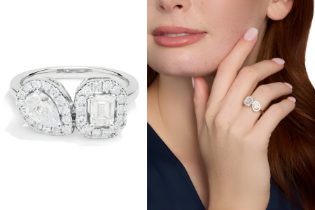 Emerald And Pear Halo Two Stone Diamond Ring 14k White Gold (1 1/4 Ct. Tw.)