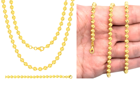 10k Yellow Gold Solid Ball 4mm Moon Diamond Cut Bead Italian Dog Tag Necklace