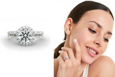 Round Split Band Diamond Halo Engagement Ring In Platinum