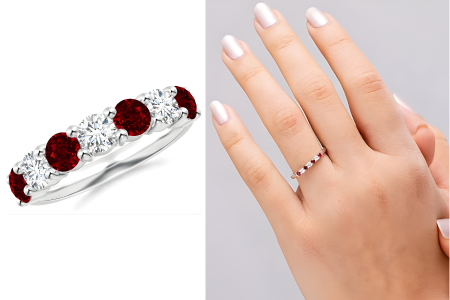 Round Ruby Diamond Half Eternity Ring In 14k Solid Gold