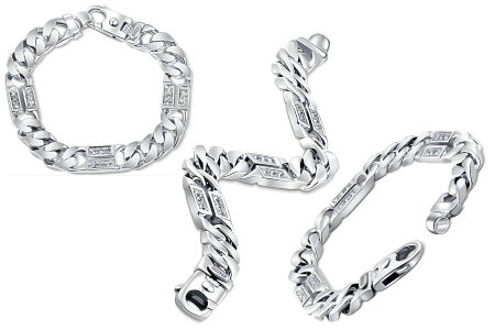 Mens Designer Diamond Figaro 14K White Gold 12mm Bracelet 8.5 Inches