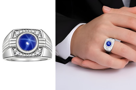 Rylos Mens Rings 14K White Gold Designer Sparkling Blue Star Sapphire And Diamond Ring