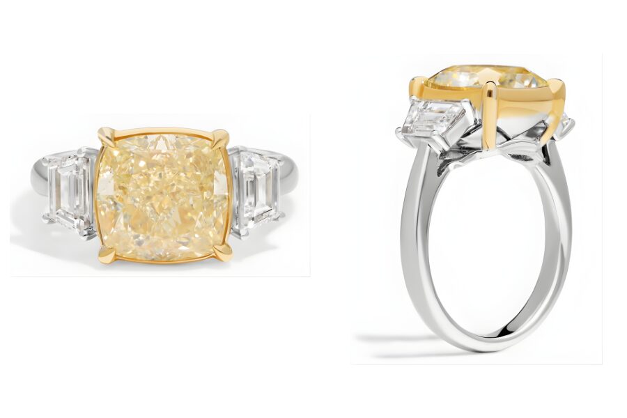 Cushion-Cut Yellow Diamond Ring With Emerald-Cut Accents