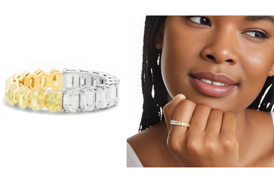 Emerald Cut And Fancy Yellow Oval Diamond Eternity Ring White Gold