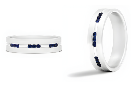 Channel Set Etched Mens Sapphire Wedding Band In 14K White Gold 6.00mm