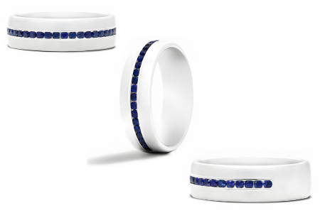 Comfort Fit Channel Set Sapphire Mens Wedding Band In 18K White Gold 7.50mm