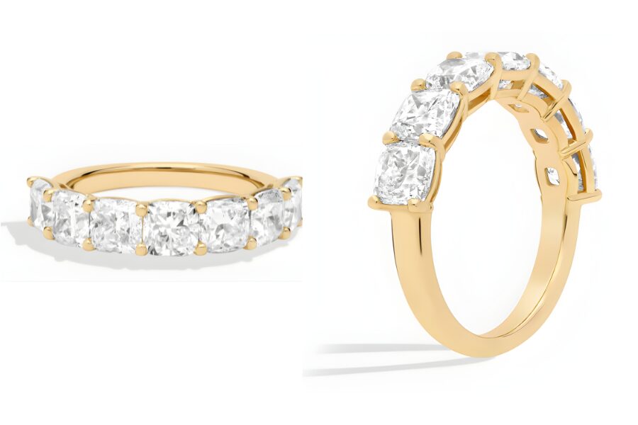 Seven Stone Cushion Diamond Ring In 14K Yellow Gold