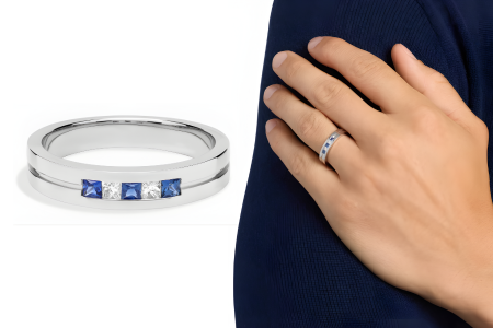 Mens Princess Cut Diamond And Sapphire Wedding Ring In Platinum 1/8 Ct Tw
