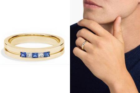 Mens Princess Cut Diamond And Sapphire Wedding Ring In 14K Yellow Gold 1/8 Ct Tw