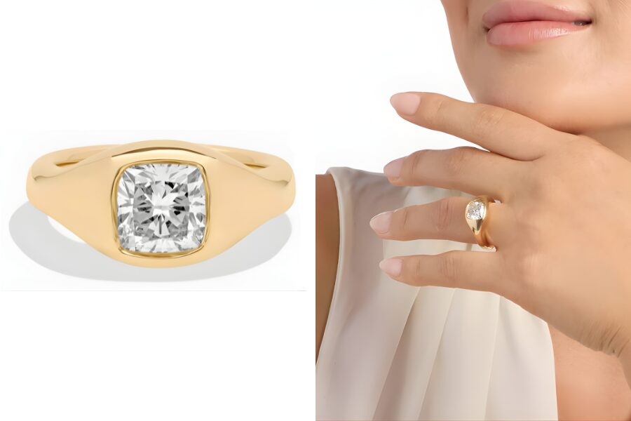 Cushion Cut Lab Diamond Puffy Ring 14K Yellow Gold