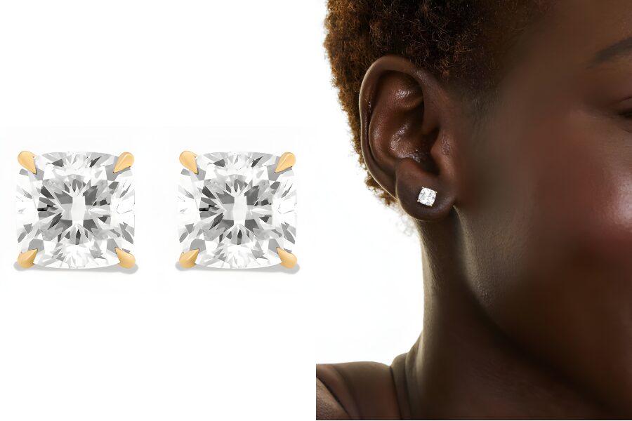 Cushion Cut Diamond Stud Earrings In 14K Yellow Gold