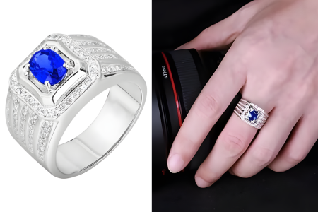 Engagement Ring White Gold 9 Ct 14 Ct 18 Ct For Men With Oval Created Sapphire And Moissanite