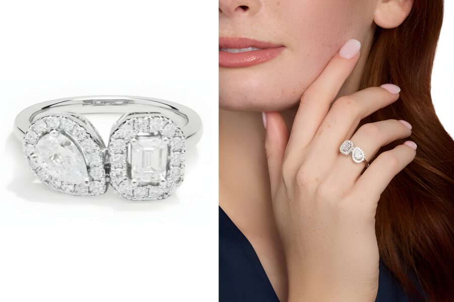 Emerald & Pear Halo Two Stone Diamond Ring 14k White Gold