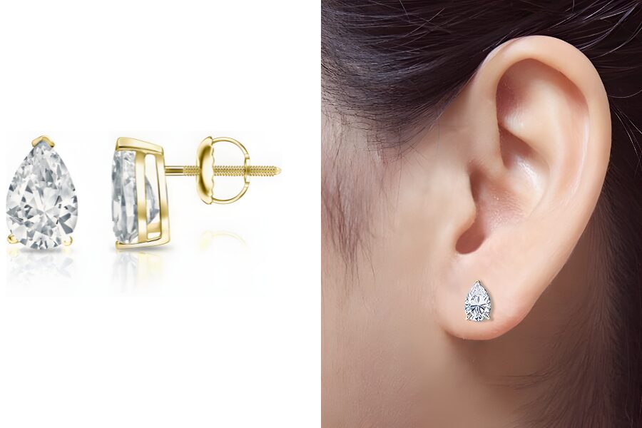 14K Gold V-Prong Pear Diamond Stud Earrings