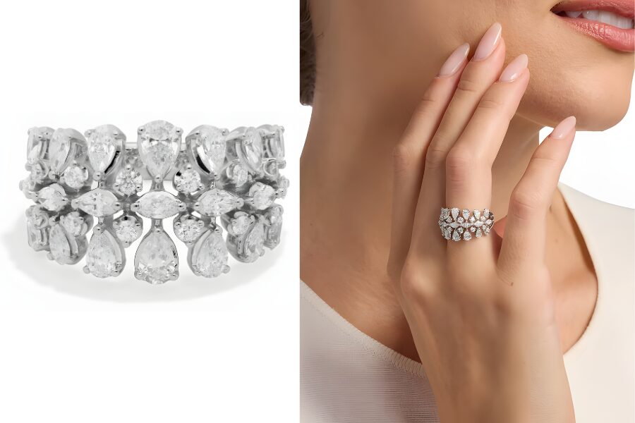 14k White Gold Pear And Marquise Diamond Fashion Ring