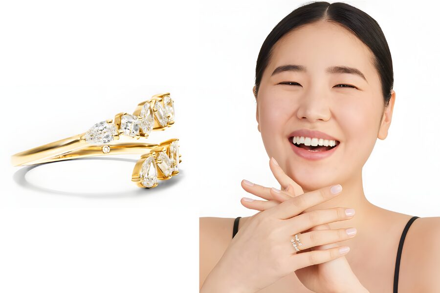 Mixed Diamond Bypass Ring In 14K Yellow Gold