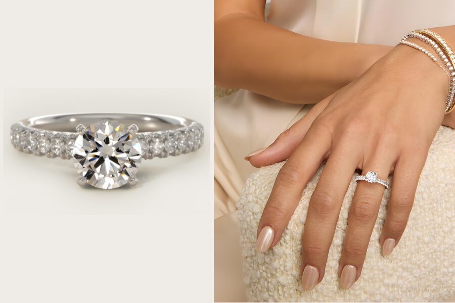 French Pave Lab Grown Diamond Engagement Ring In Platinum