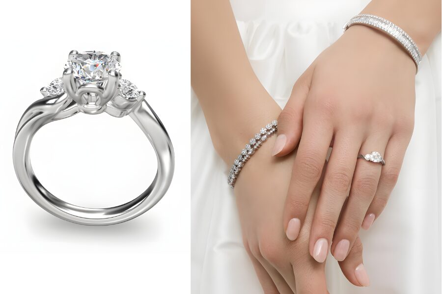 18k White Gold Wrapped Shank 3 Stone Lab Grown Diamond Engagement Ring