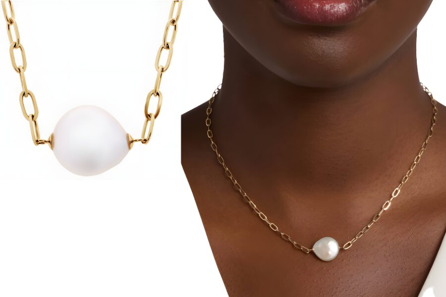 14k Yellow Gold Paperclip Necklace With Baroque Pearl