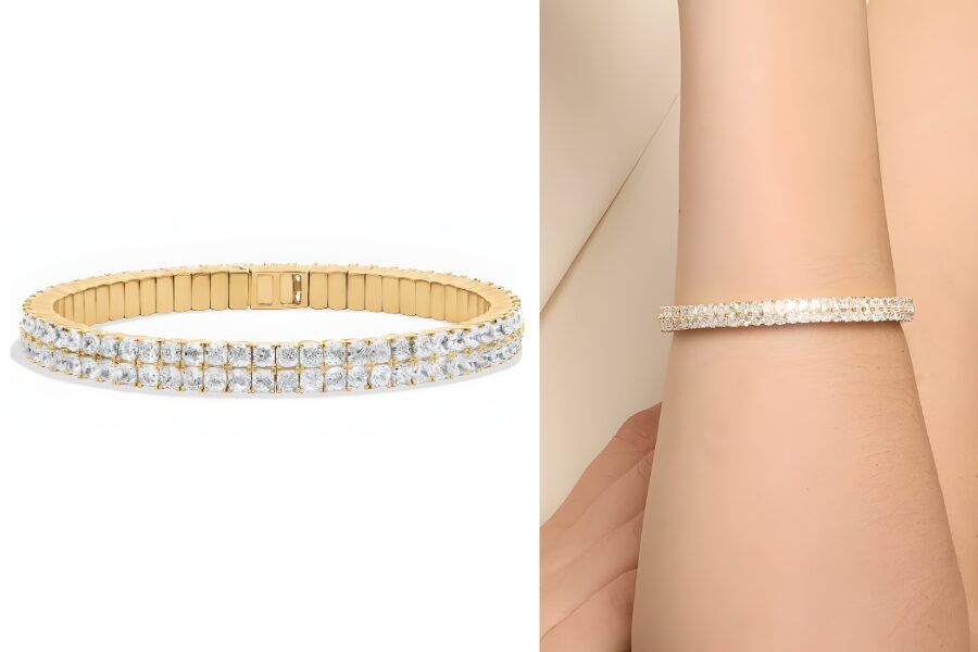 18K Yellow Gold Two Row Diamond Cushion Flex Bangle