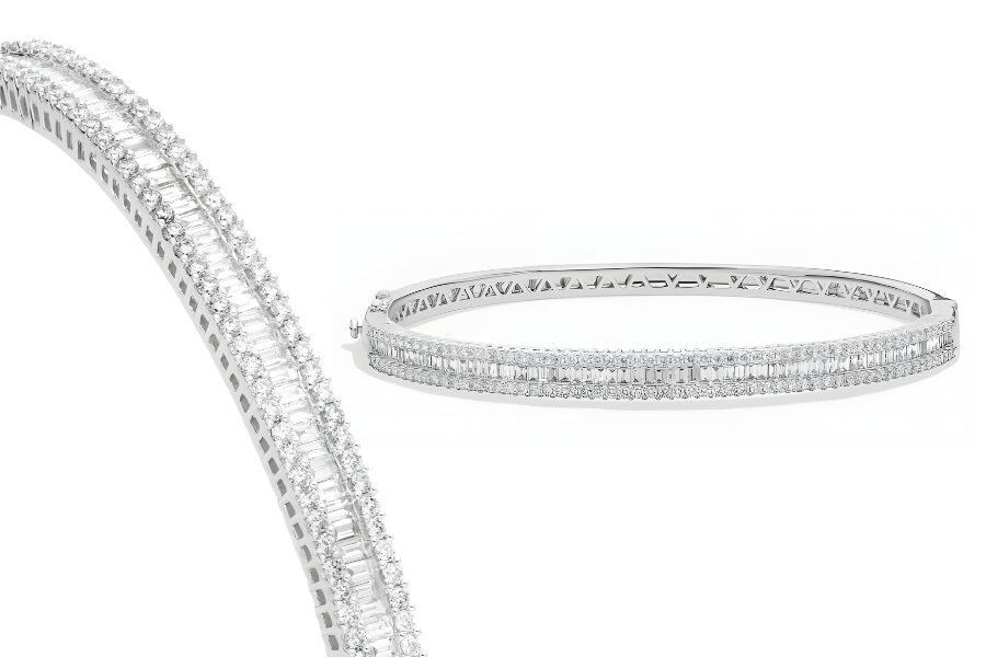 14K White Gold Round And Baguette Diamond Bangle