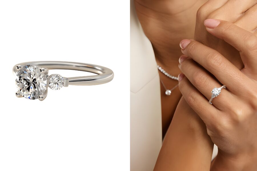 18k White Gold Petite Three Stone Lab Grown Diamond Engagement Ring