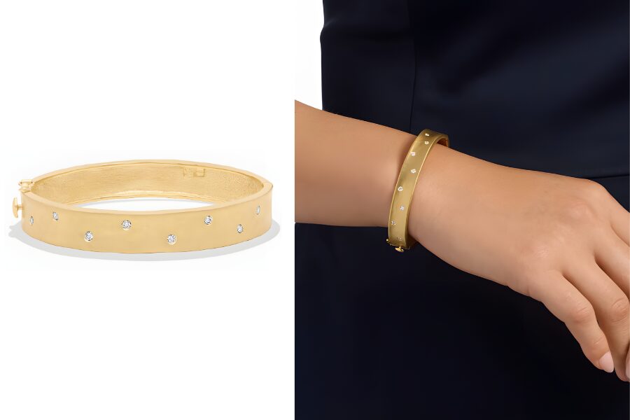 18K Yellow Gold Scattered Diamond Hammered Bangle Bracelet