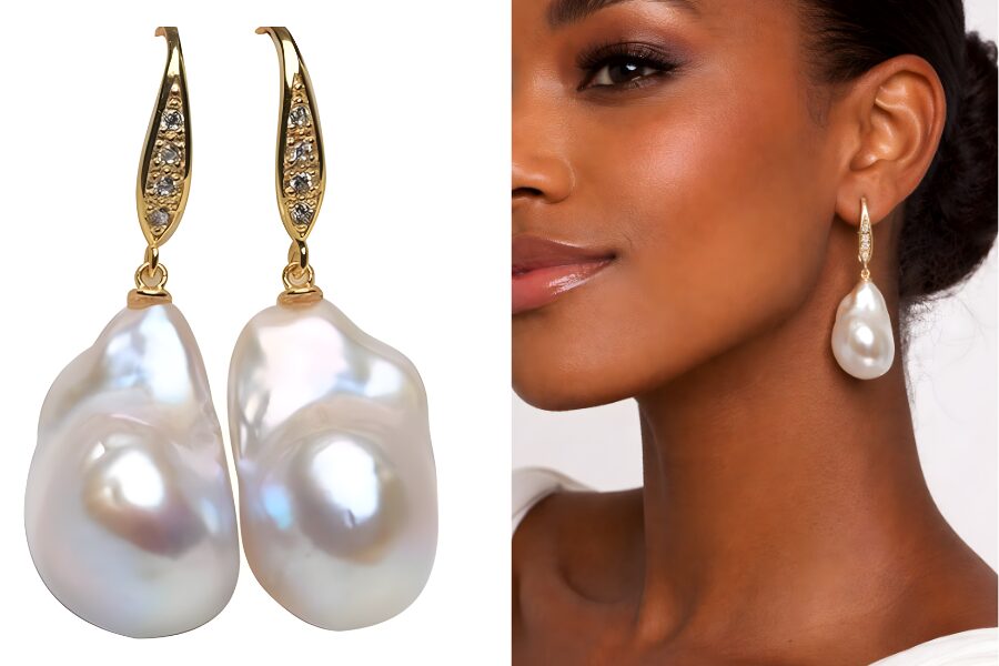 Sterling Silver Zircon Inlaid Freshwater Baroque Pearl Earrings