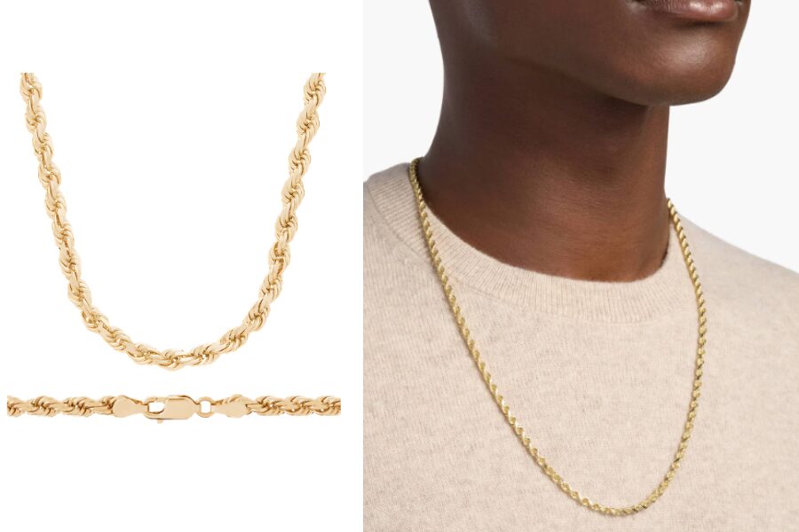 14k Yellow Gold 24 Inches Mens Diamond Cut Rope Necklace