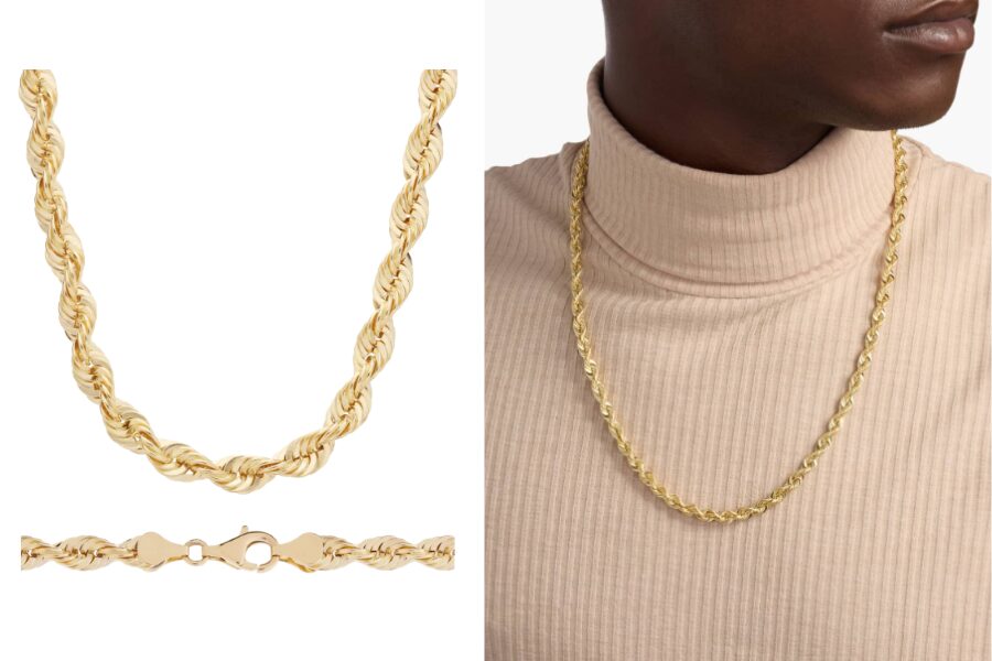 14k Yellow Gold 24 Inch Mens Solid Diamond Cut Rope Necklace