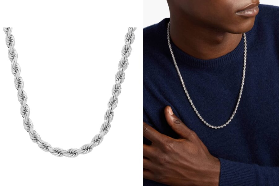 14k White Gold 24 Inch Mens Diamond Cut Rope Necklace