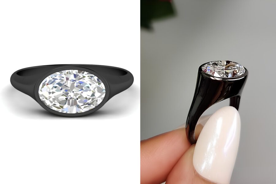 Diamond East West Bezel Solitaire Women Engagement Black Gold Ring