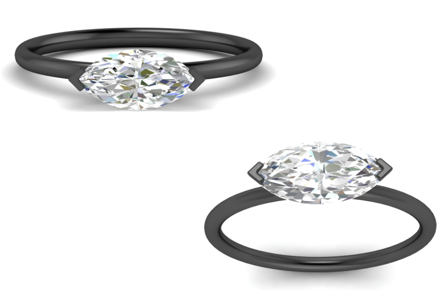 Horizontal Marquise Lab Diamond Solitaire Black Gold Ring
