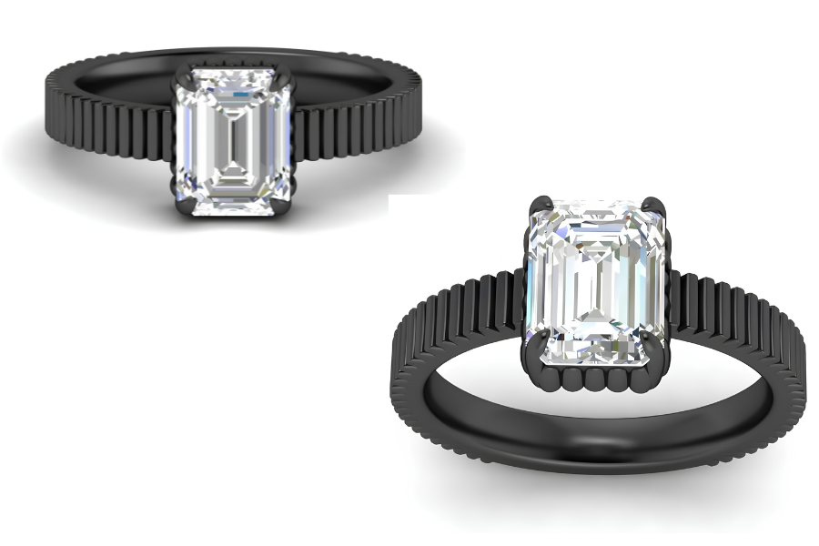 Emerald Cut Lab Diamond Ribbed Band Black Gold Ring