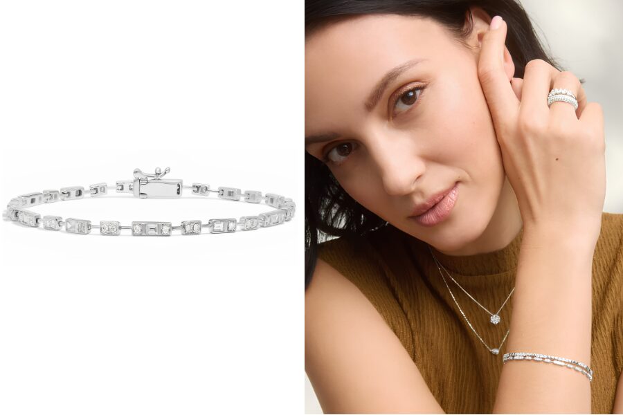 14K White Gold Round And Baguette Diamond Bracelet