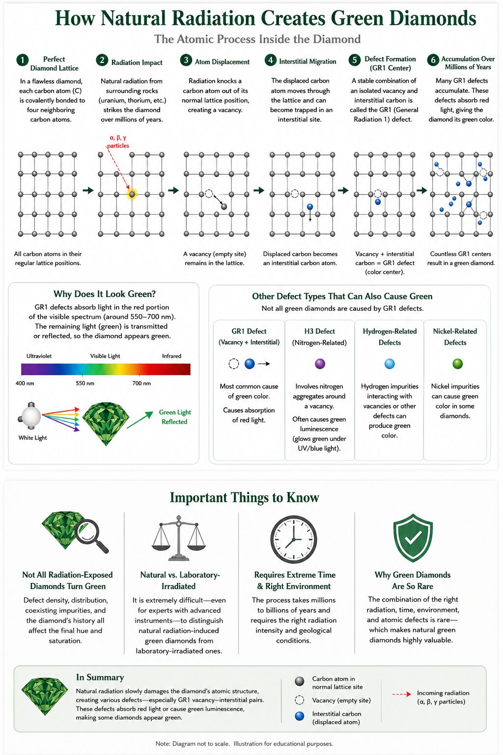 Infographic showing how natural radiation creates green diamonds through GR1 crystal lattice defects