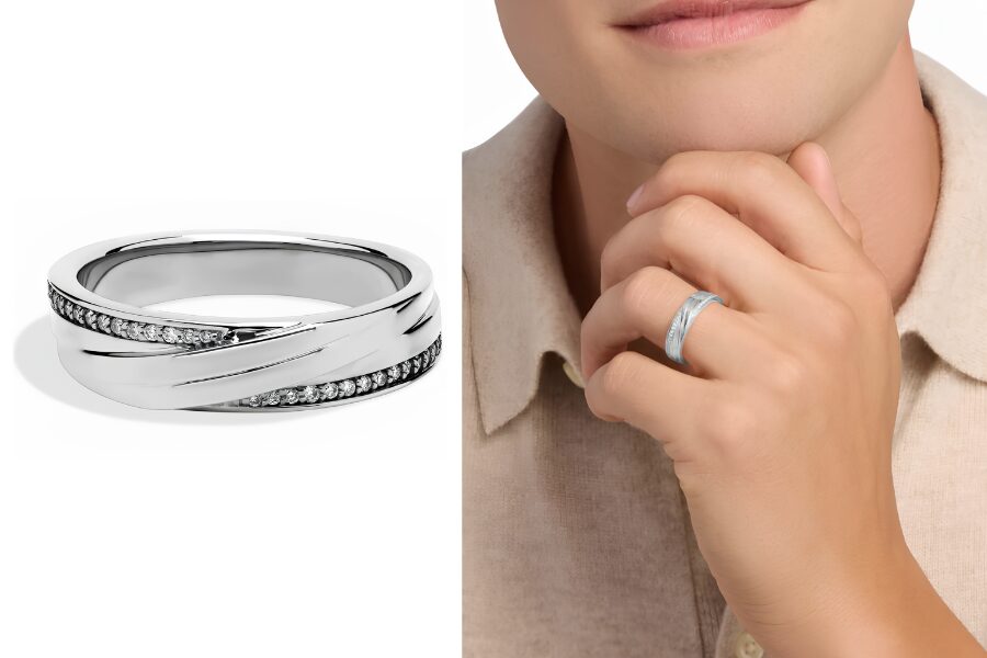 Diagonal Lined With Pave Diamond Edge Mens Wedding Ring In 14K White Gold 1/8 Ct Tw