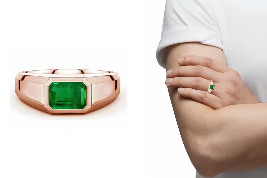 14K Solid Rose Gold Men's Emerald Signet Ring