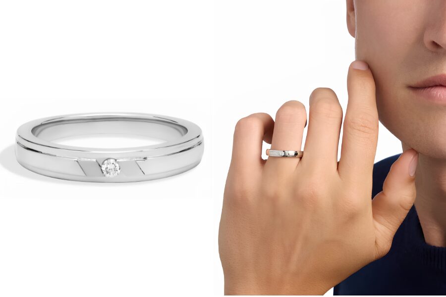 Diagonal Channel Set Round Solitaire Diamond Ring In 14K White Gold 0.5 Ct Tw