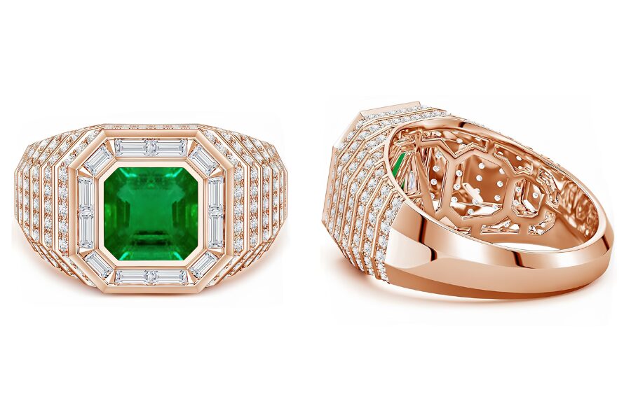 14K Solid Gold Lab-Grown Emerald Halo Men's Cocktail Ring